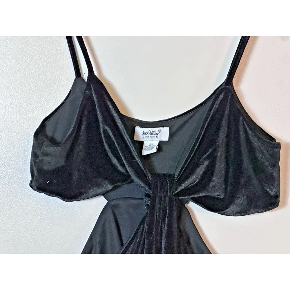 Just Polly Dress Womens Size XL Black Draped Waist Cutout Slit Midi Party Velour - Picture 2 of 9